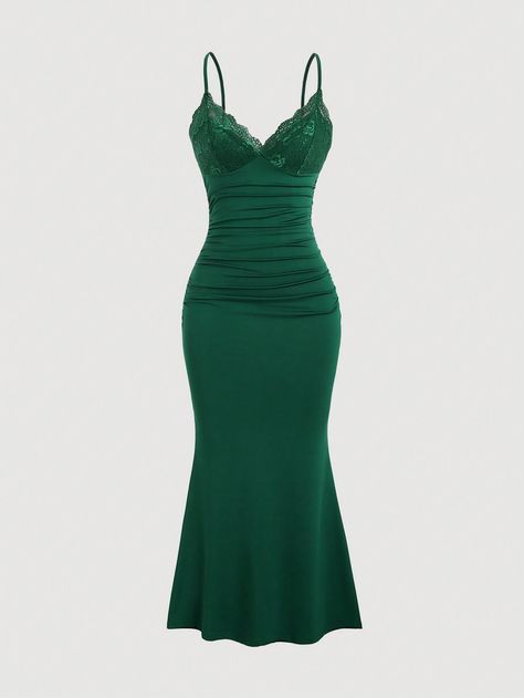 Elegant Solid Color Lace Spliced Mermaid Cami Dress, Summer Dark Green Elegant  Sleeveless Knitted Fabric Plain Cami Medium Stretch  Women Clothing, size features are:Bust: ,Length: ,Sleeve Length: Slytherin Party Dress, Prom Dress Inspo, School Dance Dresses, Dark Green Dress, Satin Dress Long, Lace Splicing, Grad Dresses, Women Long Dresses, Long Dresses