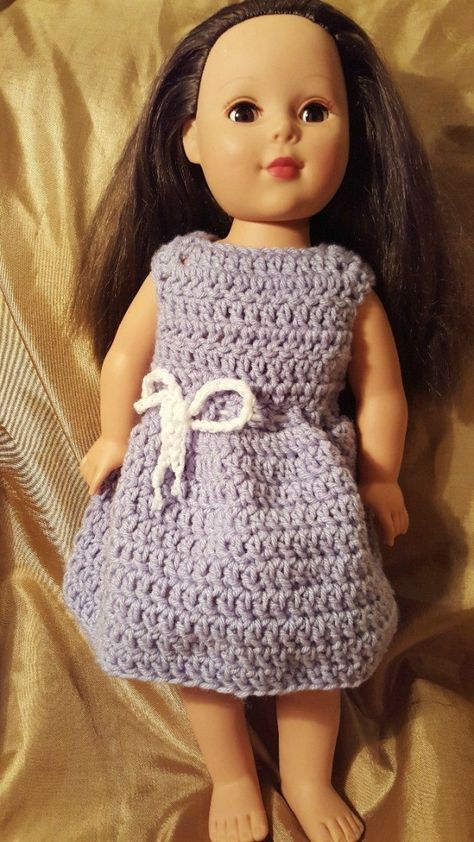 Crocheted Dress for American Girl Doll - the finished dress Crochet Doll Dress Free Pattern Simple, Crochet Doll Dress Free Pattern, Dress Pattern Simple, Crochet Doll Clothes Free Pattern, Crochet Doll Clothes Patterns, American Girl Crochet, Crochet Doll Tutorial, Doll Clothes Patterns Free, Crochet Doll Dress