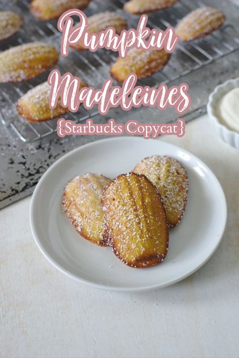 Pumpkin Madeleines {Starbucks Copycat Recipe} – A simple french madeleine recipe with a fall twist! Light and fluffy homemade madeleines made with pumpkin and fall pices! Pumpkin Madeleines, Madeline Cookies Recipe, Madelines Recipe, French Recipes Authentic, Madeline Cookies, Madeleine Recipe, Copycat Starbucks Recipes, Fall Cooking, Low Carb Cookies