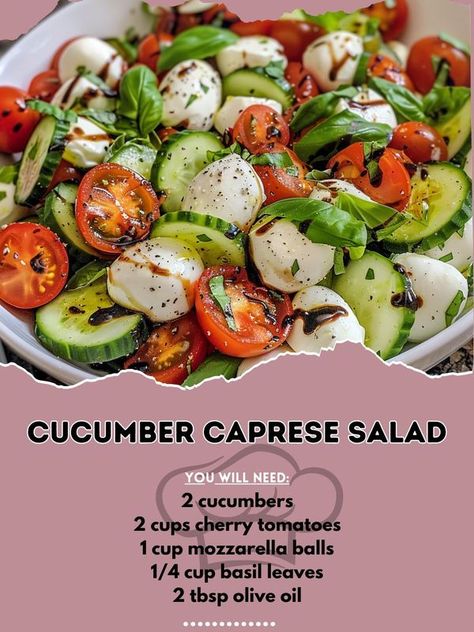 Recipe-inspire Cherry Tomato Mozzarella, Cucumber Caprese Salad, Salad With Cucumber, Tomato Mozzarella Basil, Tomatoes And Mozzarella, Mozzarella Balls, Caprese Salad Recipe, Salad Inspiration, Italian Chopped Salad