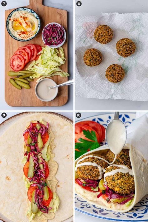 This Falafel Wrap is bursting with flavors, with crispy falafel, fresh veggies, creamy hummus and tahini dressing that makes you want more with every bite! Falafel Pita Pockets, Falafel Lunch Ideas, Falafel Gyro, Falafel Wrap Recipe, Falafel Wraps, Falafel Pita, Falafel Sandwich, Falafel Wrap, Complete Meals