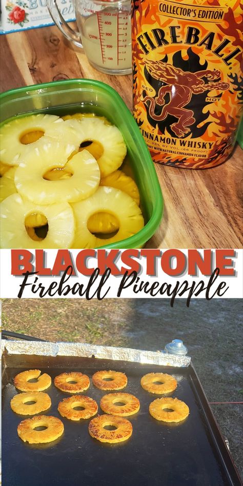 GRILLED PINEAPPLE S’mores On Blackstone, Black Stone Pineapple, Fireball Pineapple Grilled, Pineapple Blackstone, Black Stone Grilled Cheese, Electric Grill Recipes Indoor, Meals On Flat Top Grill, Hibachi Desserts, Black Stone Appetizers