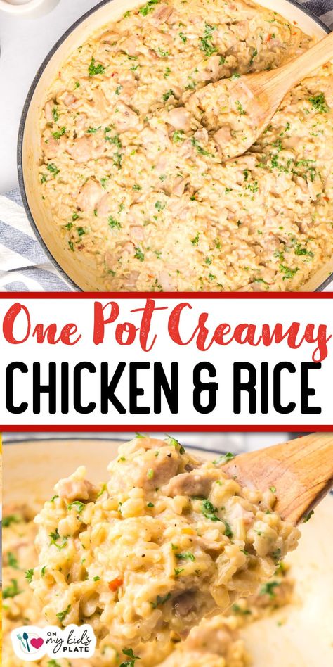 This creamy one pot creamy chicken and rice recipe is a dish of cozy comfort food that your family will love. This easy chicken recipe is all in a flavorful creamy parmesan garlic sauce, and is perfect for busy weeknights. Creamy Chicken And Rice Instant Pot, Chicken With Sauce Over Rice, Chicken White Rice Recipes, Chicken And Rice With Cream Of Chicken, Chicken And Rice Instant Pot Recipes, Garlic Parmesan Chicken Rice, Chicken And Rice Recipes Easy, Shredded Chicken And Rice, Chicken And Rice One Pot