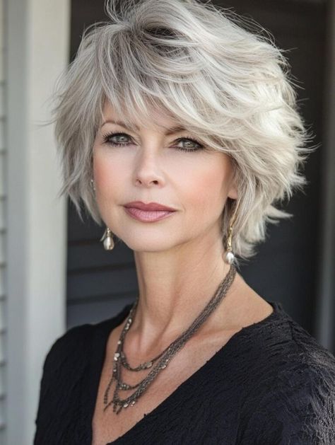 Hair Color For 60 And Over, Silver Shag Hair, Hairstyles 2024 Trends Women Medium, Hair Over 60, Shaggy Bob Hairstyles With Bangs, Short Gray Hairstyles Over 60, Hair Styles For Grey Hair, Gray Shag Hairstyles, Hairstyles For Heavy Women