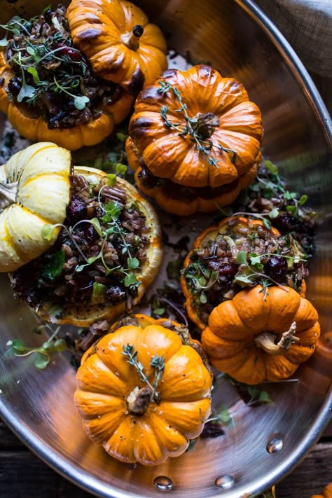 Nutty Wild Rice and Shredded Brussels Sprout Stuffed Mini Pumpkins | halfbakedharvest.com @hbharvest Stuffed Mini Pumpkins, Stuffed Pumpkin, Shredded Brussel Sprouts, Vegan Thanksgiving Recipes, Brussels Sprout, Vegan Clean, Half Baked, Vegan Christmas, Vegan Thanksgiving