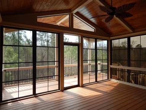 3 Season Room in Cary 3 Season Deck Ideas, 3 Season Porch Ideas, All Season Porch, Timber Frame Porch, Rustic Family Room, 3 Season Porch, Porch Interior, Concrete Patio Makeover, Cabin Porch