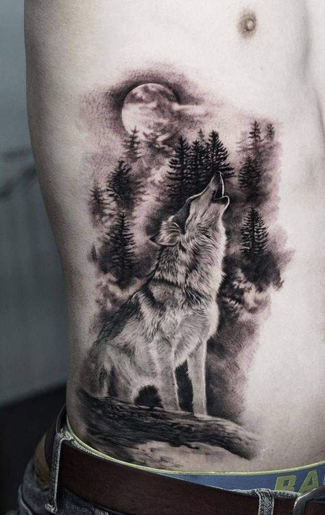 Wolf Tattoo On Back, Gray Wolf Tattoo, Wolf Back Tattoo, Half Sleeve Tattoos Wolf, Grey Wolf Tattoo, Tattoos Moon, Wolf And Moon Tattoo, Wolf Tattoo Back, Geometric Wolf Tattoo