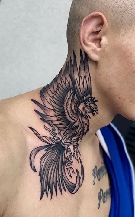 Phoenix Throat Tattoo, Phoenix Neck Tattoo Men, Phoenix Tattoo Neck, Phoenix Neck Tattoo, Tattoo Neck Men, Cool Neck Tattoos, Back Of Neck Tattoo Men, Chest Neck Tattoo, Neck Tattoos For Men