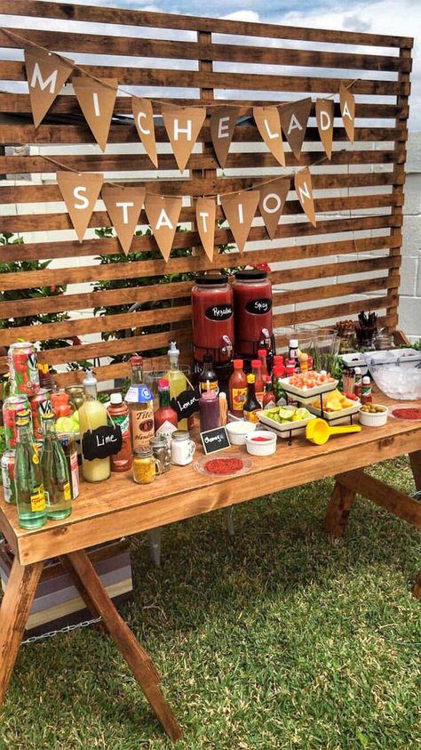 Small Yard Party Set Up, Mexican Party Bar Ideas, Mexican Bar Table, Rancho Theme Party Ideas, Mexican Party Drink Station, Ranchera Theme Party, Tejano Party Theme, Tailgate Bar Ideas, How To Set Up A Bar For A Party