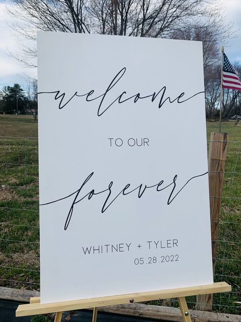 Diy Wedding Welcome Sign Canvas, Canvas Wedding Signs Diy, Welcome To Our Forever Wedding Sign, Simple Wedding Sign, Wedding Signage List, Canvas Wedding Signs, Wedding Entry Sign, Wedding Welcome Sign Wood, Welcome Signs Wedding