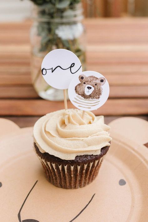 Teddy Bear Birthday Cupcakes, Cupcake With Topper, Teddy Bear Picnic Cupcakes, Cupcake Teddy Bear, Bear Themed Birthday Cake, Beary First Birthday Cupcakes, 1st Birthday Cupcakes For Boys, Beary First Birthday Food, Bear 1st Birthday