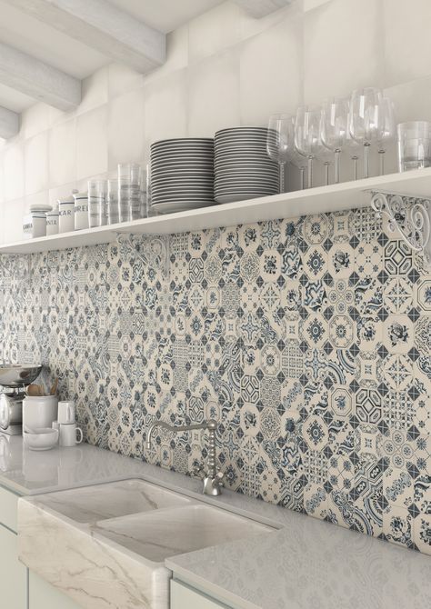 Tile Floor Inspiration, Anthology Tile, Vintage Tile Backsplash, Vintage Tiles Kitchen, Kitchen Tiles Ideas, Vintage Kitchen Tile, Patchwork Kitchen, Backsplash Tile Design, Beautiful Tiles