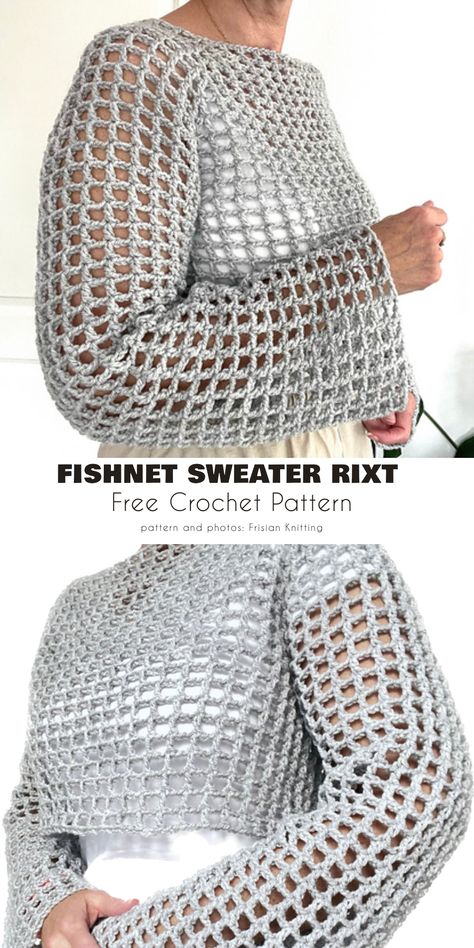 A woman wearing a grey sweater with a crochet pattern. Fishnet Sweater, Cardigan Ideas, Crocheted Vest, Crochet Shirts, Crochet Vests, Vest Patterns, Crochet Bolero Pattern, Tops Outfit, Vest Design