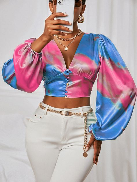 Multicolor Elegant  Long Sleeve Satin Tie Dye Top  Non-Stretch Spring/Summer Women Tops, Blouses & Tee Big Sleeves Blouse, Ruffle Tops Outfit, Diy Tie Dye Designs, Chiffon Crop Top, Barbie Top, Fashion Sewing Tutorials, Ladies Blouse Designs, Ladies Blouse, Design Drawings