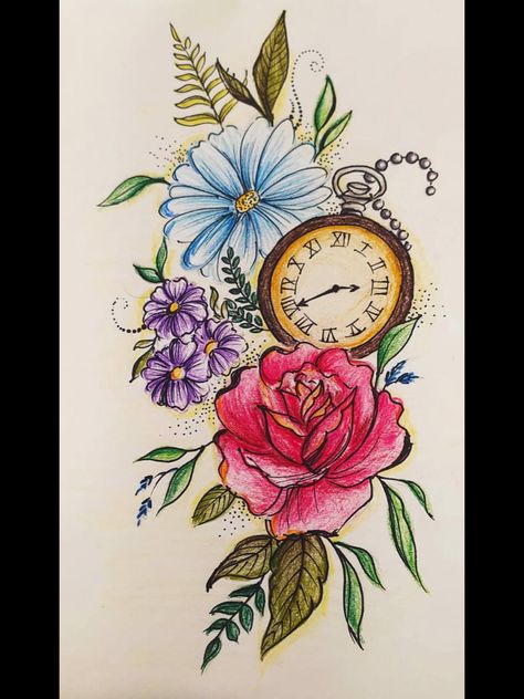 Drawn by Rucha Dhanokar #Flowers #Drawing Colour Pencils #Shading Art Clock time Pencil Colour Drawing Flower, Pencil Colour Painting, Clock Drawings, Shading Drawing, Elephant Tattoo Design, Unique Drawings, Flower Sketches, Floral Drawing, Female Tattoo