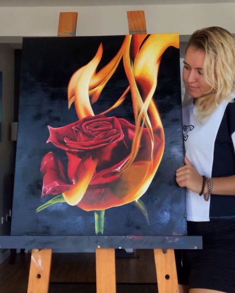 Flames Painting Canvas, Flower On Fire Painting, Rose On Fire Painting, Burning Rose Painting, Heart On Fire Painting, Burn Out Art, Burning Rose Drawing, How To Paint Fire, Red Painting Aesthetic