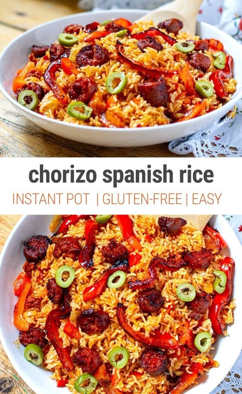 Instant Pot Spanish Rice with Chorizo (Gluten-free, Easy, Healthy Meal) #instantpotrecipes #instantpotrice #spanishrice #ricerecipes #pressurecooker Instantpot Rice, Instant Pot Spanish Rice, Chorizo Rice, Leftover Breakfast, Spanish Rice Recipe, Rice Recipes For Dinner, Rice Ingredients, Mexican Rice, Spanish Rice