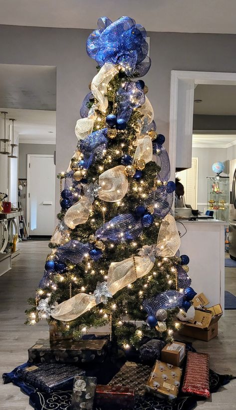 Gold And Navy Blue Christmas Decor, Gold And Navy Blue Christmas Tree, Christmas Tree Decorations Blue And Gold, Navy Blue Gold Christmas Tree, Royal Blue Gold Christmas Tree, Blue And Gold Ribbon Christmas Tree, Blue And Yellow Christmas Decor, Blue And Gold Xmas Tree, Midnight Blue Christmas Decorations