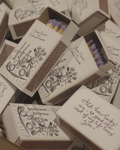 One of the many DIY things we did for our wedding and one of my fave keepsakes that sat on the bar for guests to take. Of course you know I had to order purple matches to suit the theme 🤍 Creative Wedding Giveaways, Wedding For 30 Guests, Wedding Favours Ideas For Guests, Wedding Matchbox Design, Matches Party Favors, Theme For Wedding Creative Ideas, Wedding Guest Favours, Matches Wedding Favors, Match Box Diy