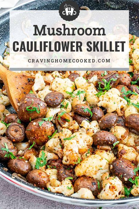 This delicious 20-minute Mushroom Cauliflower Skillet makes for a quick and easy vegetarian side dish or a fantastic start to the main meal! #mushroom #cauliflower #skilletrecipe #recipe #sidedish Mushroom Side Dish Recipes, Cauliflower Skillet, Easy Vegetarian Sides, Vegetarian Side Dish, Mushroom Side Dishes, Mushroom Recipes Healthy, Cauliflower Dishes, Mushroom Dish, Vegetarian Side Dishes