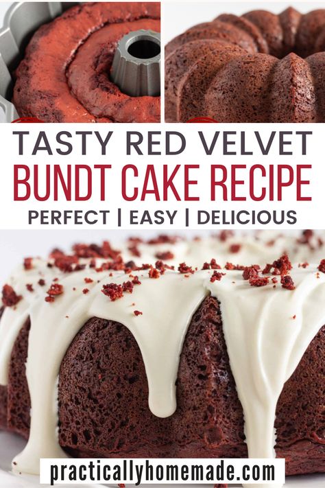 This Tasty Red Velvet Bundt Cake Recipe is incredibly delicious and so easy to make! It has that signature flavor and red color that you know and love. Then it’s topped off with a cream cheese frosting for added sweet goodness! Try this recipe today and I know you’ll love it! Red Velvet Box Cake Recipe, Red Velvet Bunt Cake, Red Velvet Bundt Cake Recipe, Red Velvet Bundt, Practically Homemade, Red Velvet Bundt Cake, Easy Red Velvet, Southern Cake, Easy Sweets