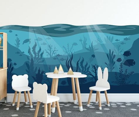 Preschool Mural, Water Bedroom, Ocean Wall Mural, Patio Gym, Backyard Mural, Sea Murals, Under The Sea Nursery, Ocean Mural, Sea Nursery