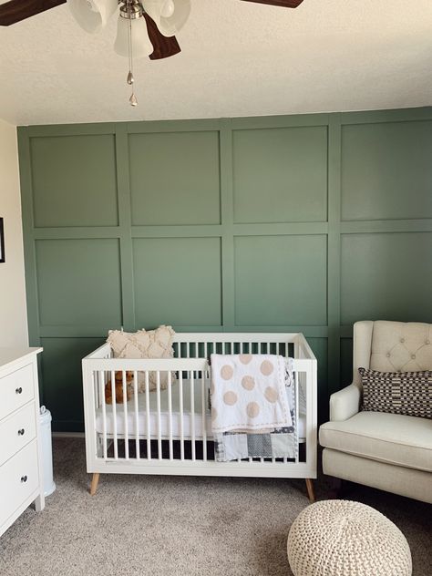 Safari Nursery Green Paint, Green Cream Nursery, Grey Nursery Accent Wall, Nursery Accent Wall Sage Green, Nursery With Green Wall, Green Nursery Wall Color, Sage Nursery Accent Wall, Olive Green Accent Wall Nursery, Sherwin Williams Green Nursery Colors