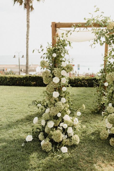 Black Tie Beach Wedding, Wedding Chuppah Flowers, Wedding Arch Greenery, Floral Backdrop Wedding, Altar Flowers Wedding, Chuppah Flowers, Mediterranean Beach, San Clemente California, Olive Wedding