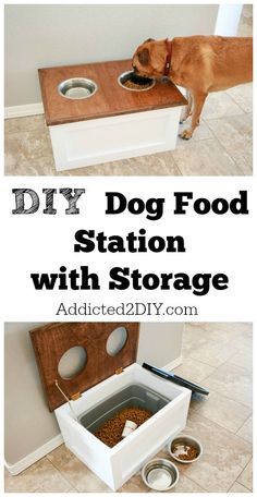 Download the free plans and tutorial for this DIY Dog Food Station with Storage underneath. Diy Dog Food Station, Dog Food Station With Storage, Dog Food Station, Koti Diy, Diy Dog Food, Diy Rangement, Hemma Diy, Diy Casa, Food Stations