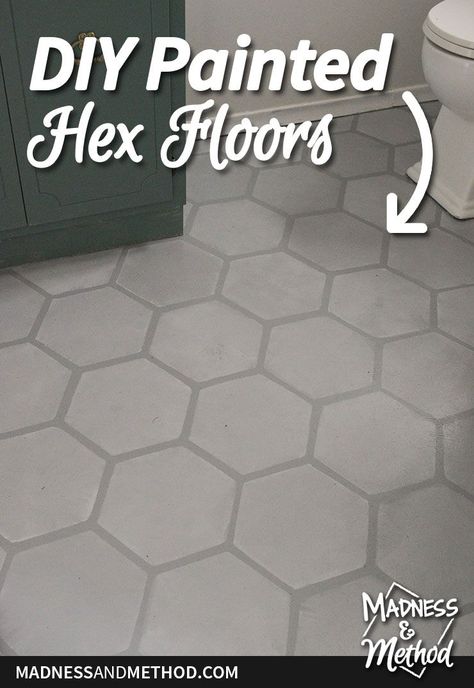 Continuing work on the basement refresh, this week 5 post focuses on the wall-mounted headboard and hex floors painted in the bathroom. Paint Hexagon Tile Floor, Faux Tile Painted Concrete, Hexagon Tile Stencil, Hexagon Vinyl Flooring, Floor Paint Design, Basement Refresh, Painted Cement Floors, Hex Tile Floor, Diy Floors