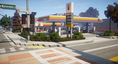 Minecraft Gas Station Interior, Minecraft Gas Station Ideas, Minecraft Car Dealership, Gas Station Minecraft, Minecraft City Plan, Minecraft City Road, Minecraft Gas Station, Minecraft City Layout, Minecraft City Ideas