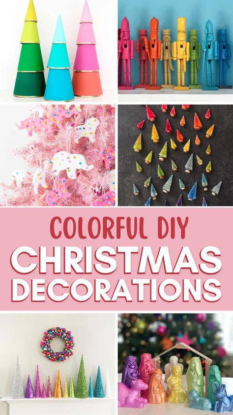 Diy Colourful Christmas Decorations, Colorful Christmas Decorations Diy, Diy Bright Christmas Decorations, Diy Rainbow Christmas Decorations, Christmas Colorful Decorations, Diy Colorful Christmas Ornaments, Diy Christmas Crafts For Kids To Make, Bright Colored Christmas Decor, Pastel Christmas Decor Ideas