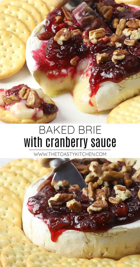 Baked brie with cranberry sauce recipe by The Toasty Kitchen. Baked brie with cranberry sauce is an easy, three-ingredient appetizer to serve at your next holiday gathering. Hot, melted brie cheese is topped with cranberry sauce and chopped pecans. #bakedbrie #cranberrysauce #thanksgiving #christmas #holidayappetizer #appetizer #briewithcranberrysauce #cranberries Brie Cranberry Appetizer, Baked Brie With Cranberry Sauce, Brie With Cranberry Sauce, Baked Brie With Cranberry, Baked Brie Cranberry, Cranberry Appetizer, Brie Recipes Appetizers, Brie Cheese Recipes, Melted Brie