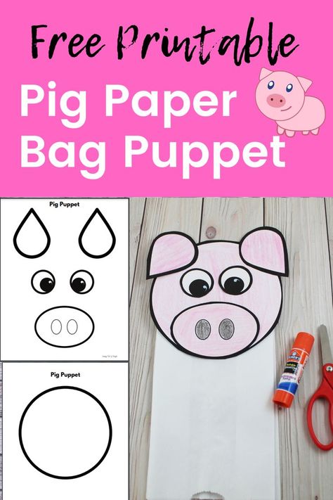 free printable pig paper bag puppet Pig Template, Pig Puppet, Puppet Template, Bag Puppet, Puppet Craft, Farm Animal Crafts, Farm Animals Theme, Pig Crafts, Puppets For Kids