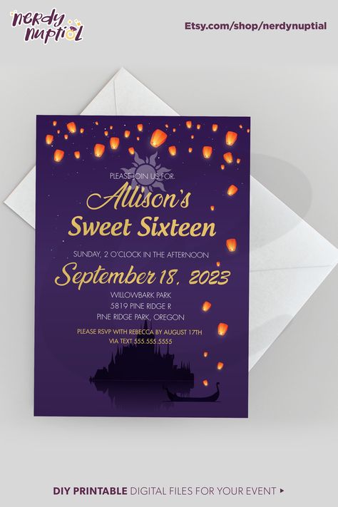 Tangled Inspired Invitation, Tangled Inspired Wedding Invitation, Rapunzel Sweet 16 Invitation, Tangled Sweet 16 Invitations, Rapunzel Party Invitations, Tangled Rapunzel Invitations, Tangled Birthday Invitations, Tangled Sweet 16, Tangled Sweet 16 Theme