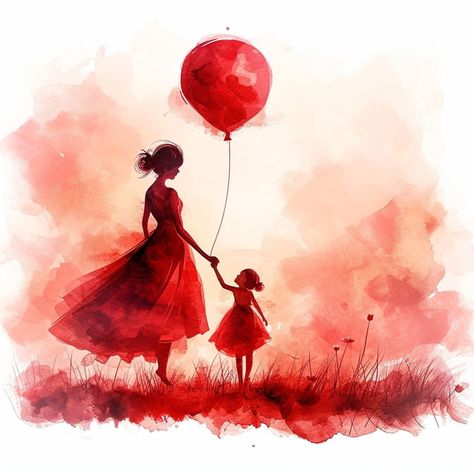 In this captivating watercolor illustration, the timeless bond between mother and daughter is beautifully portrayed through the simplicity of two red dresses. The scene is a delicate blend of love and everyday romance, a snapshot of life's quiet, yet profound moments. This piece is more than just an illustration; it's a celebration of the unspoken connection and the simple pleasures shared between a mother and her child. Mother Daughter Acrylic Painting, Mother And Two Daughters Art, Mom And Daughter Painting, Mother And Daughter Pictures, Mother Daughter Painting, College Canvas Paintings, Mother Child Painting, Mother Illustration, Mother And Daughter Drawing