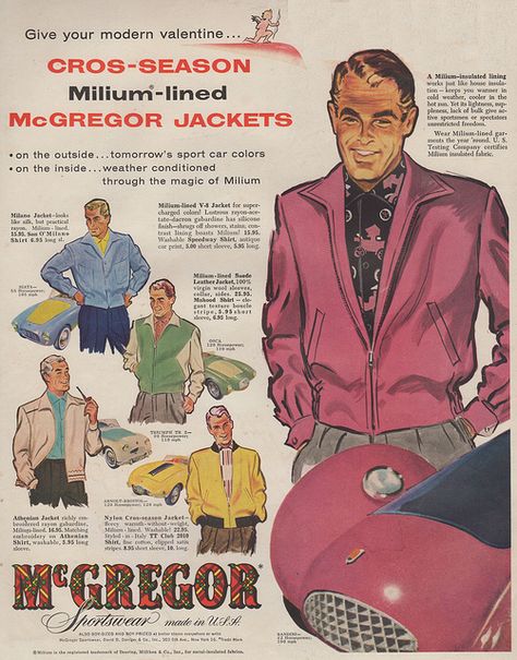 1955. Super-suave McGregor jackets for your "Modern Valentine". 50s Jackets Men, 1950s Casual Menswear, Vintage Selvedge Outerwear For Streetwear, Macgregor 26, Vintage Men's Fashion, Vintage Selvedge Denim Outerwear, 70s Mens Fashion, 1950s Mens Fashion, 70s Men