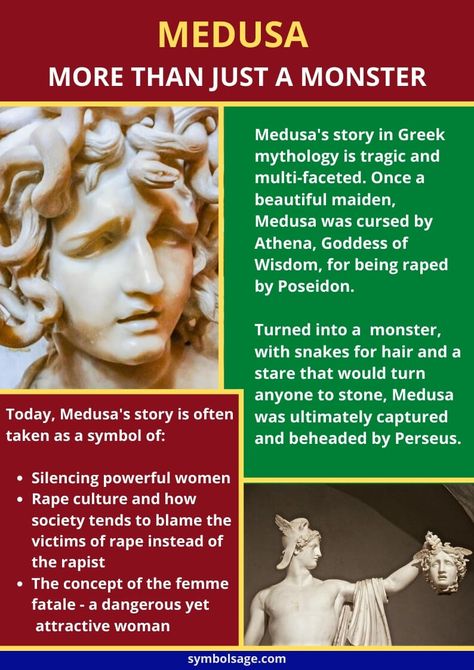 Medusa is a popular figure of Greek mythology, and one that permeates our modern culture. Her story is a tragic yet powerful symbol of feminine power and powerlessness. Greek Mythology Facts Medusa, Greek Mythology Medusa Story, Medusa History Greek Mythology, Medusa Symbol Greek Mythology, Greek Mythology Myths, Medusa Story Mythology, Medusa Archetype, Medusa Meaning Greek Mythology, Medusa History