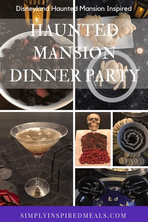 Disneyland Haunted Mansion Inspired Dinner Party #Disneyland #HauntedMansion #DinnerParty #Menu Haunted Mansion Themed Food, Haunted Mansion Party Ideas, Haunted Mansion Movie Night, Haunted Mansion Dinner, Haunted Mansion Halloween Decor, Diy Haunted Mansion, Halloween Themed Dinner, Theme Dinners, Disney Movie Night Dinner