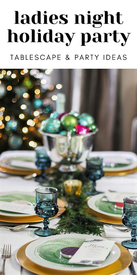 Colorful Christmas tablescape for ladies night dinner party. This blue and green table setting is unique and festive. #christmas #tablescape #colorful Christmas Cocktail Party Tablescape, Green Holiday Table Setting, Blue And Green Table Setting, Dinner Party Ideas For Adults, Ideas For Girls Night, Ladies Christmas Party, Green Table Settings, Party Ideas For Girls, Entertaining Table Settings