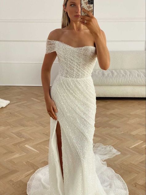 Industrial Chic Wedding Dress, Off The Shoulder Wedding Dress With Pearls, White Sparkle Wedding Dress, Lace Wedding Dress With Train, Wedding Dress On Mid Size, Marquise Bridal Dress, Wedding Dresses Pearls Beading, Pearl Top Wedding Dress, Big Bust Wedding Dress