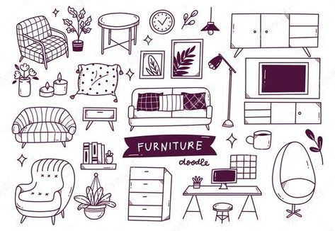 Furniture Doodle, Doodle Line Art, Furniture Sketch, Realistic Sketch, Doodle Characters, Outline Illustration, School Organization Notes, Origami Paper Art, Doodle Icon