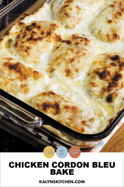 This amazing Chicken Cordon Bleu Bake is cheesy, creamy, and low in carbs without any of the usual breaded coating! And I think everyone who enjoys Chicken Cordon Bleu is going to love this version that's gluten-free and perfect for Keto diets! [found on KalynsKitchen.com] #LowCarbChickenCordonBleu #ChickenCordonBleuRecipe #LowCarbComfortFood Chicken Cordon Bleu Bake, Cordon Blue, Cena Keto, Chicken Cordon, Low Carb Diets, Chicken Cordon Bleu, Tater Tots, Keto Foods, Diet Vegetarian