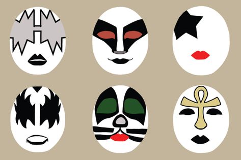 kiss-masks Kiss Band Face Paint, Kiss Makeup Halloween, Starchild Makeup, Kiss Makeup Look, Gene Simmons Makeup, Kiss Stencil, Kiss Face Paint, Kiss Band Makeup, Kiss Halloween Costumes