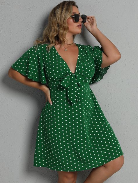 Mini A Line Dress, Polka Dots Outfit, Plus Size Summer Dresses, Polka Dot Tie, Mini A, Tie Front Dress, Summer Plus Size, Plus Size Summer, Cute Summer Dresses