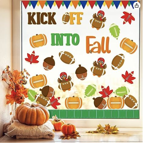 What You Get: You will receive 100pcs fall theme cut-outs with texts and pattern designs, the text "Kick Off into Fall" each has 2pcs, the pattern each has 10pcs and 2 different fall bulletin board borders each has 16pcs, and 6pcs glue points for you to stick, sufficient quantities and delicate patterns that can meet your different needs for decoration. Happy Fall Bulletin Board Ideas, Happy Fall Y'all Bulletin Board, Cute Fall Bulletin Board Ideas, Fall Boards Bulletin, Football Bulletin Board Ideas, Fall Board Ideas, Fall Bulletin Board Ideas For Preschool, Pumpkin Name Tags, Football Bulletin Boards