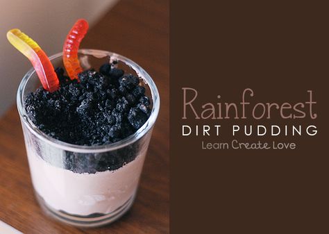 Rainforest Dirt Pudding recipe from http://learncreatelove.com Rainforest Snacks For Kids, Dirt Pudding Recipe, Preschool Rainforest, Pudding Dirt, Rainforest Party, Dirt Pudding Recipes, Rainforest Classroom, Rainforest Crafts, Vbs Jungle