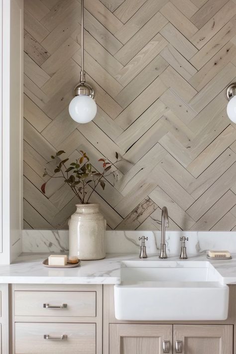 Explore chic herringbone bathroom wall ideas to elevate your space with a touch of timeless elegance and modern flair. Unlock the secret to stylish interiors! Herringbone Bathroom Wall, Bathroom Wall Design Ideas, Herringbone Shower Wall, Bathroom Wall Design, Herringbone Wood Wall, Herringbone Tile Wall, Master Bathrooms Luxury, Powder Room Accent Wall, Bathroom Wall Ideas