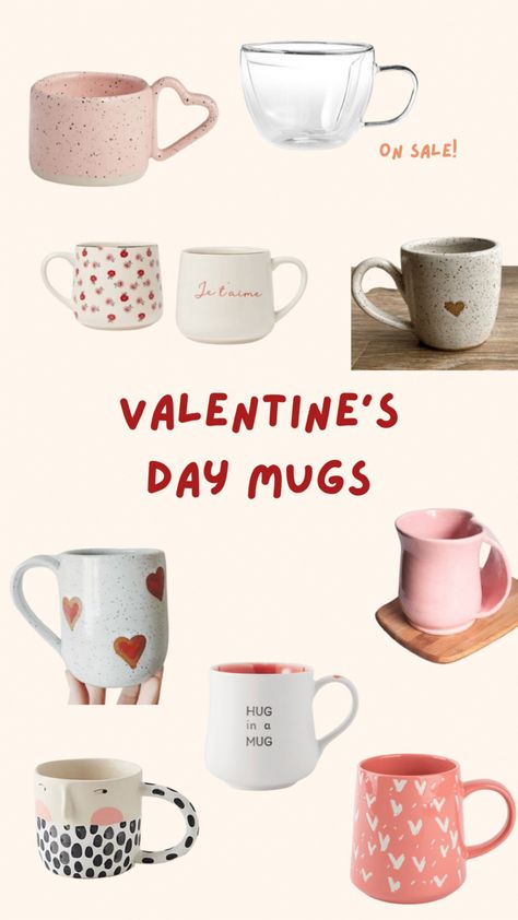 Valentine’s Day mugs, some with hearts, some pink ones, one clear heart shaped one, a few whites ones Tazas San Valentin Ideas, Bae Basket, Valentines Products, Valentines Day Mugs, Valentine Mugs, Lululemon Gifts, Coffee And Hot Chocolate, Valentines Coffee, Cookie Shop