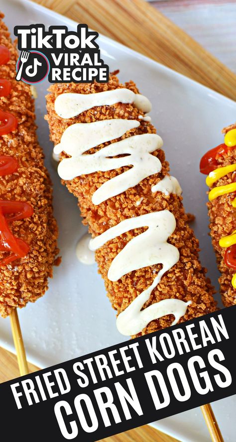 Korean Street Corn Dogs, Loaded Corn Dogs, Street Hot Dogs Recipes, Korean Corn Dog Recipe Video, Korean Hotdogs Recipe, Corndog Recipes, Korean Cheese Corn Dog, Korean Hotdogs, Korean Hot Dog Recipe